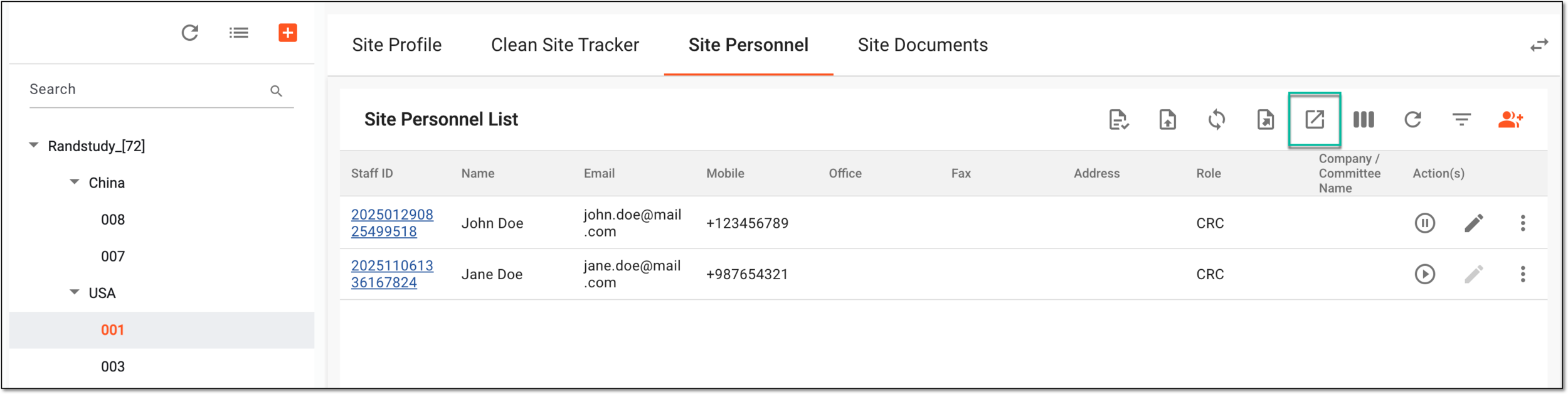 Accessing option to export site personnel list