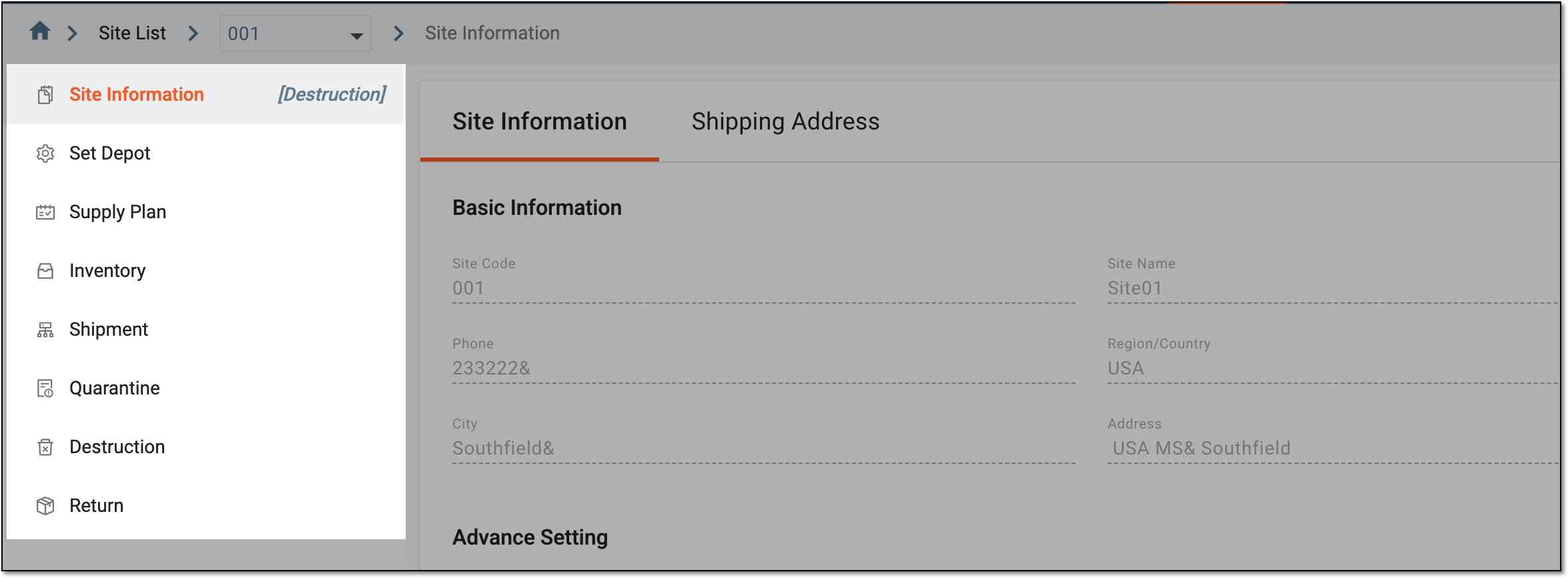 Site management subtabs