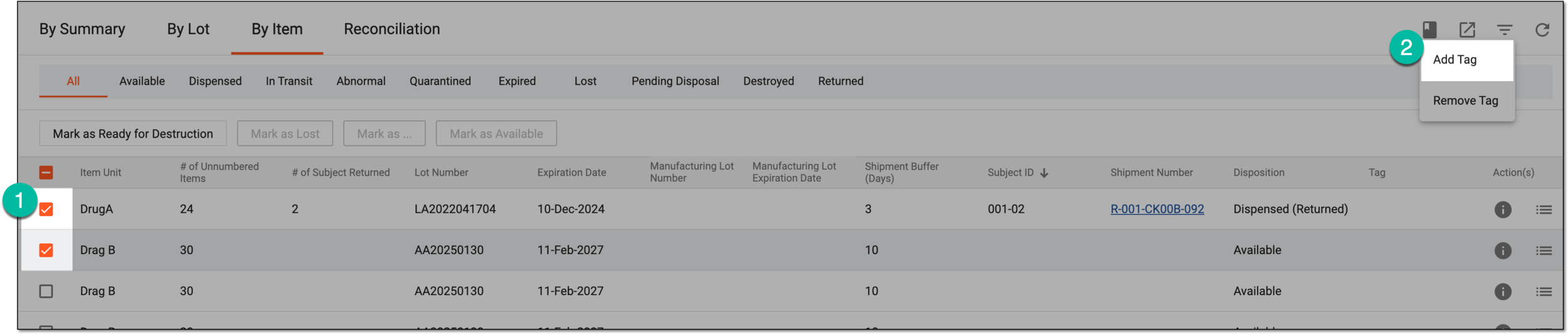 Selecting items to add tags