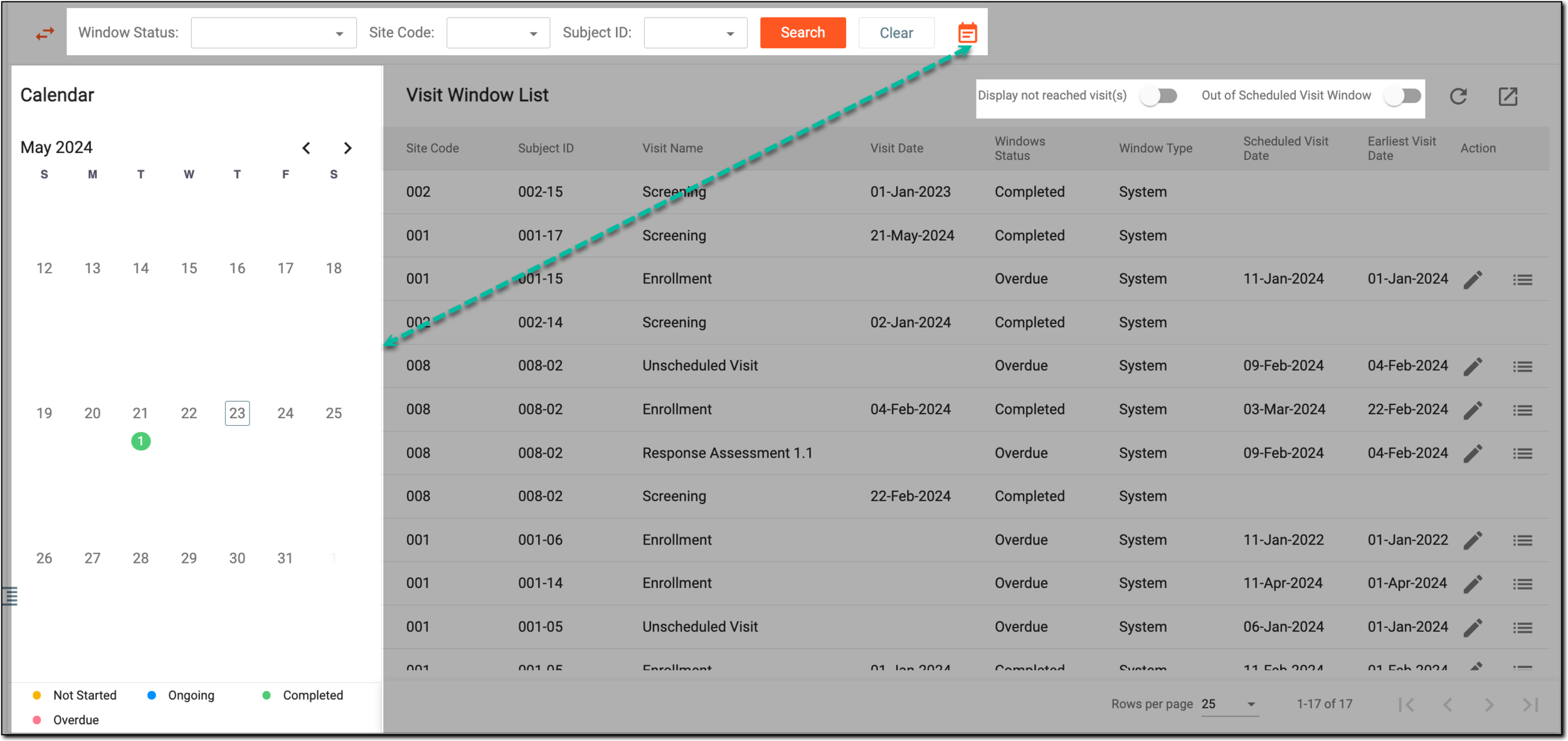 Filtering visit window list