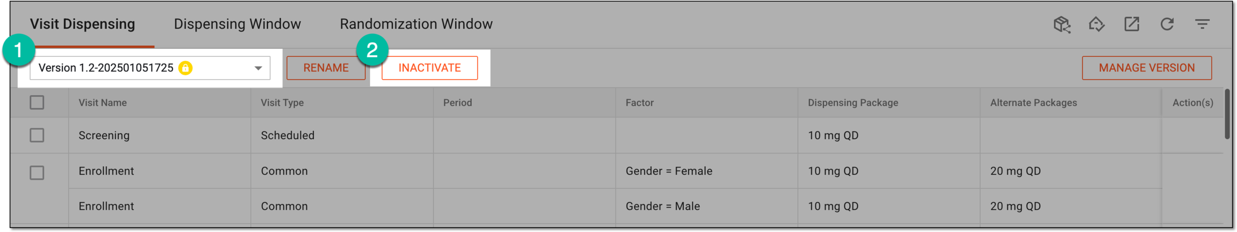 Inactivating visit setting version