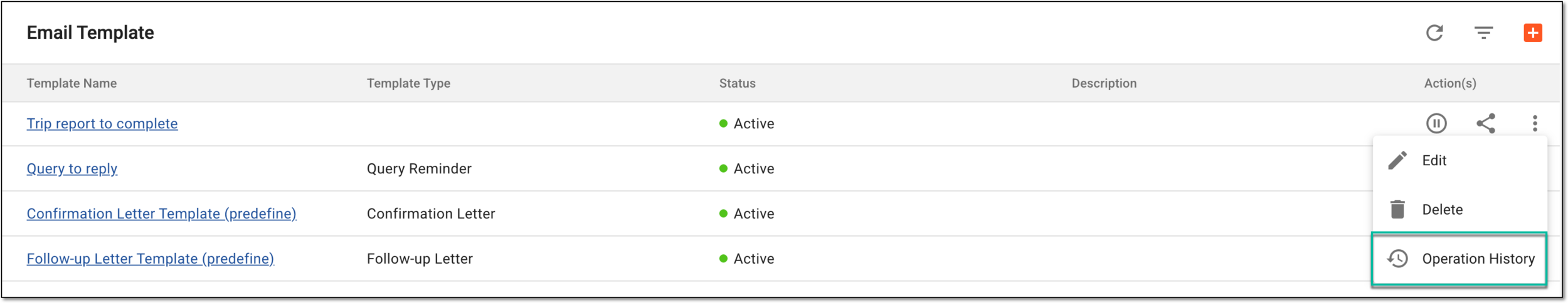 Accessing operation history for email template