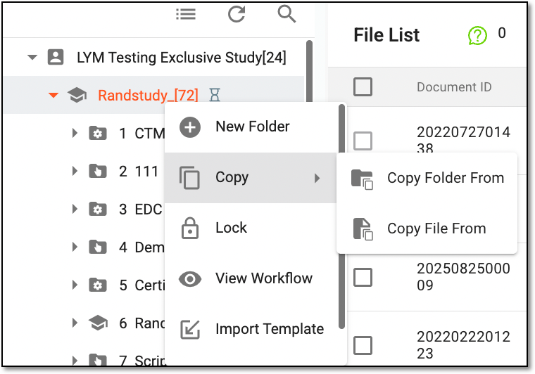 Accessing option to copy folder at study level