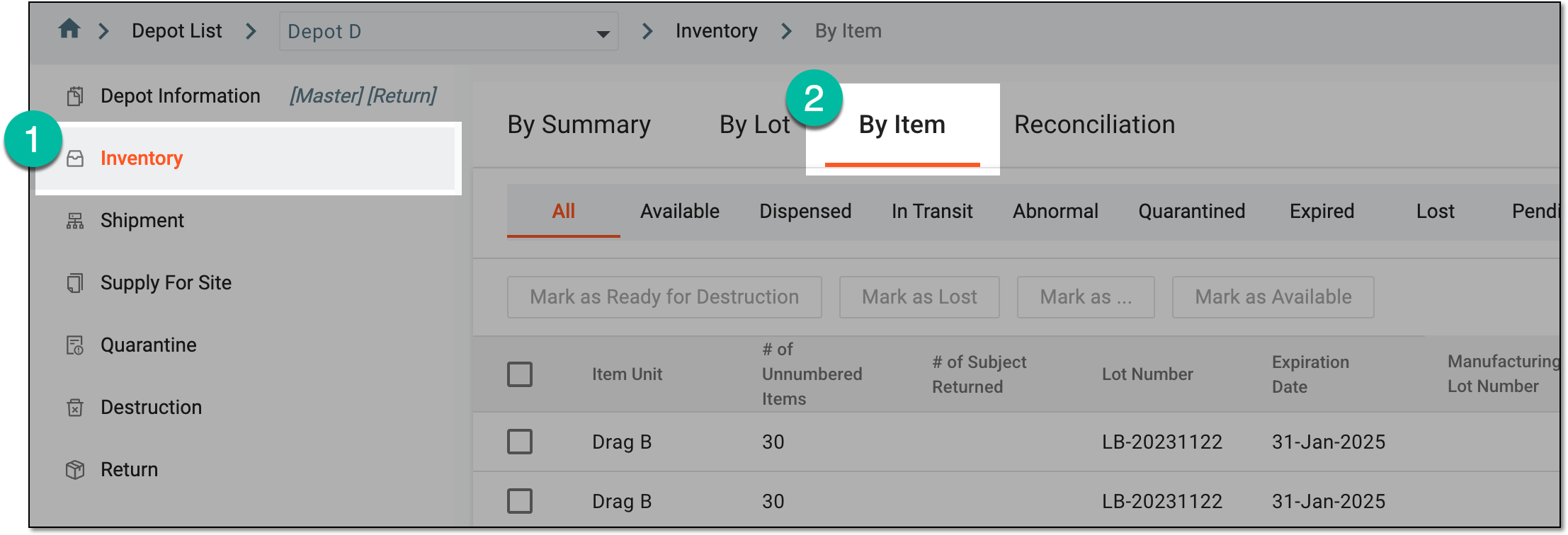 Accessing depot inventory by item