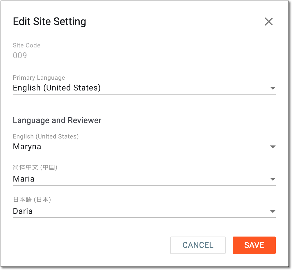 Editing site settings for translation language