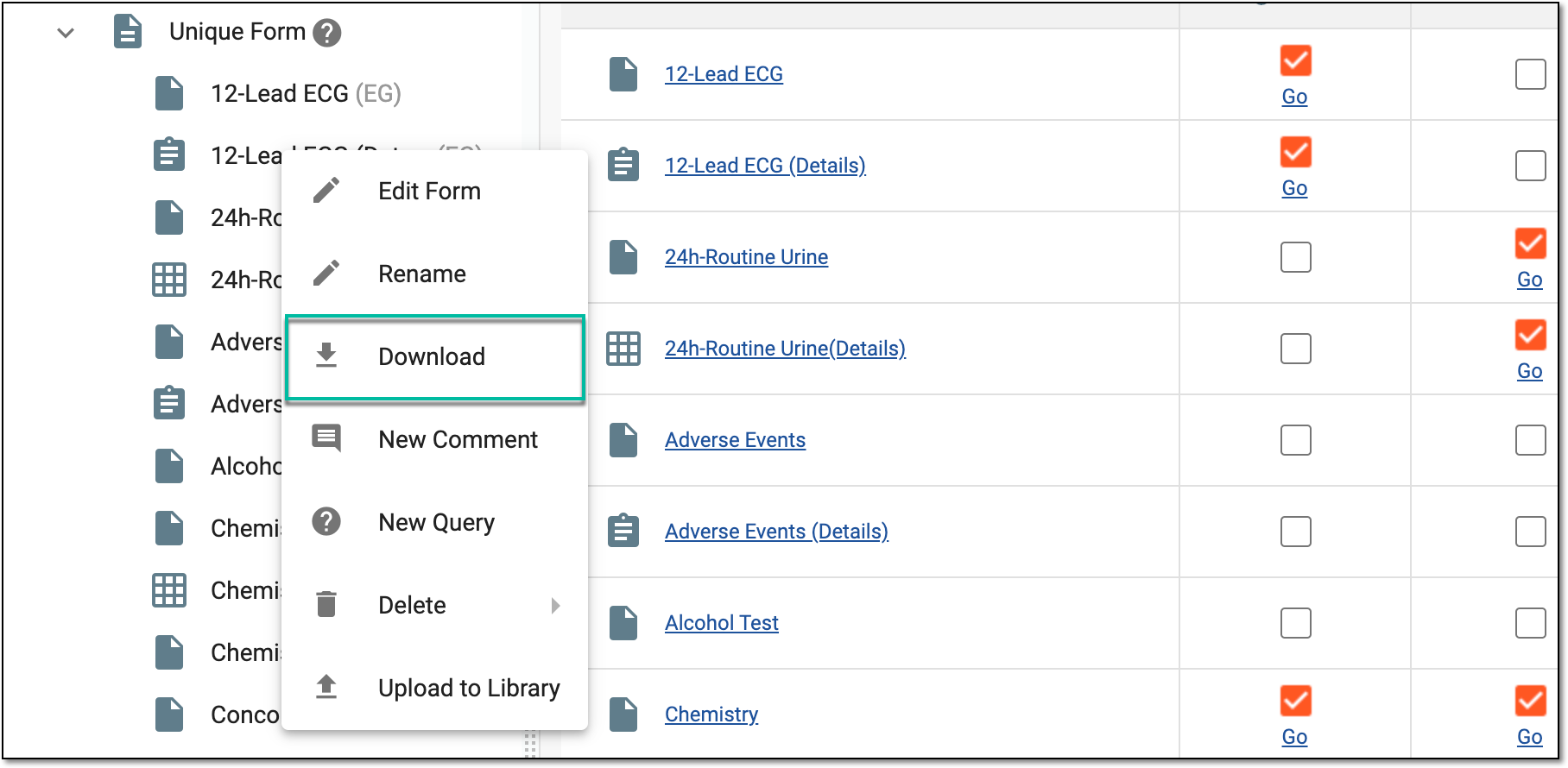 Downloading unique form