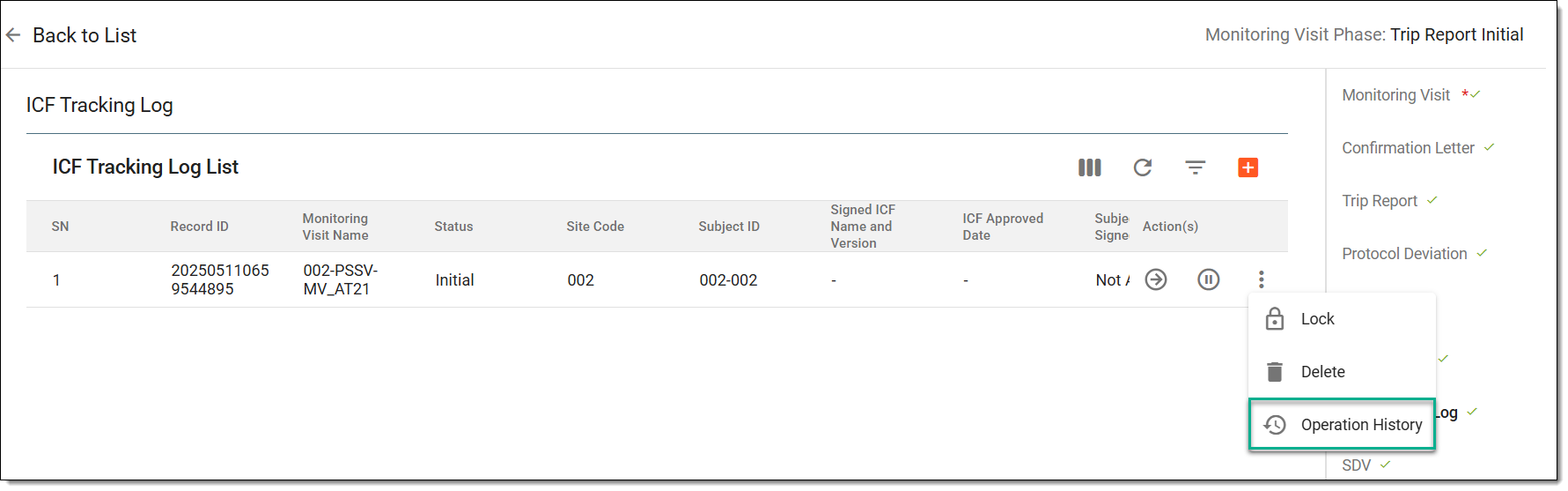 Accessing operation history of ICF tracking report
