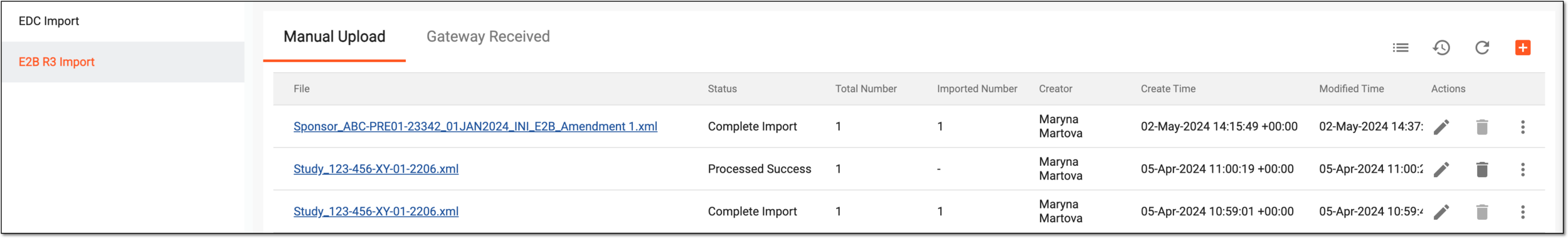 Manual Upload table for E2B R3 import