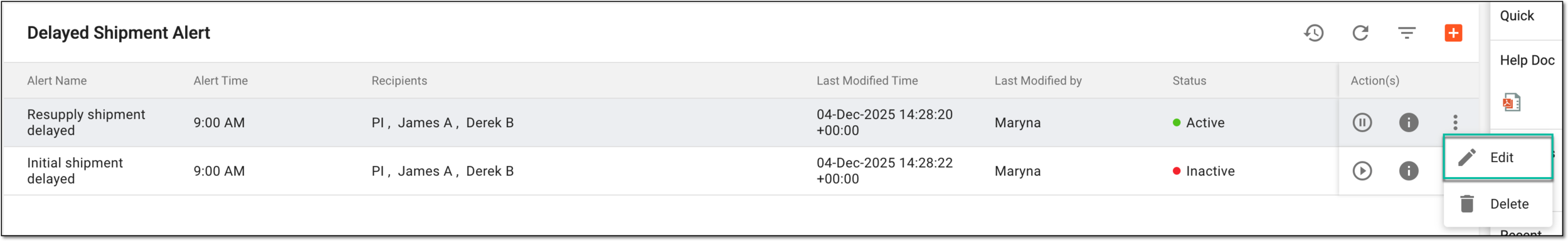 Selecting to edit delayed shipment alert