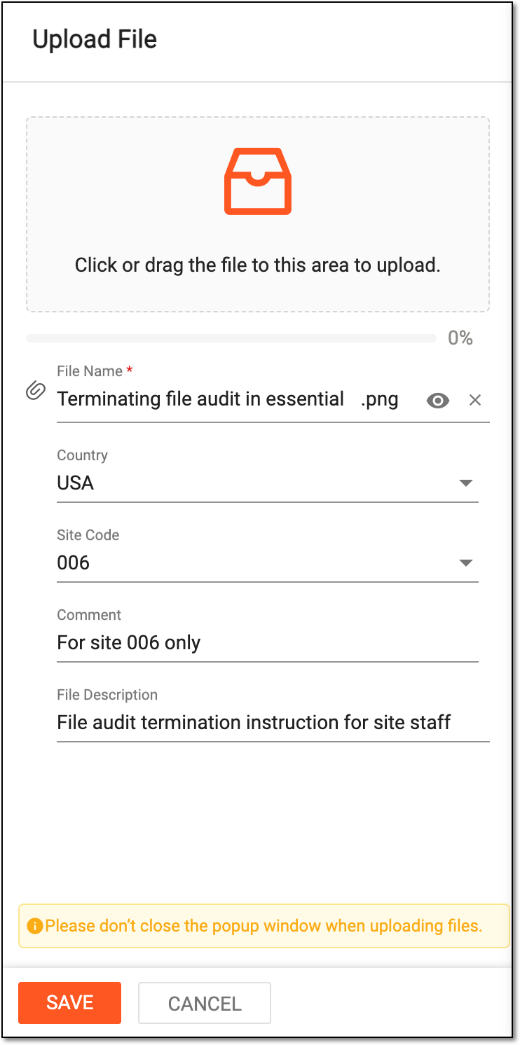 Completing file settings for upload