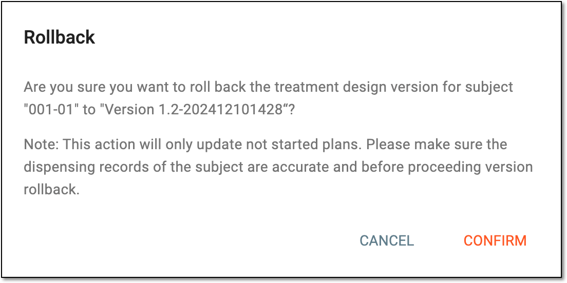 Confirming to roll back version for subject dispensing plan