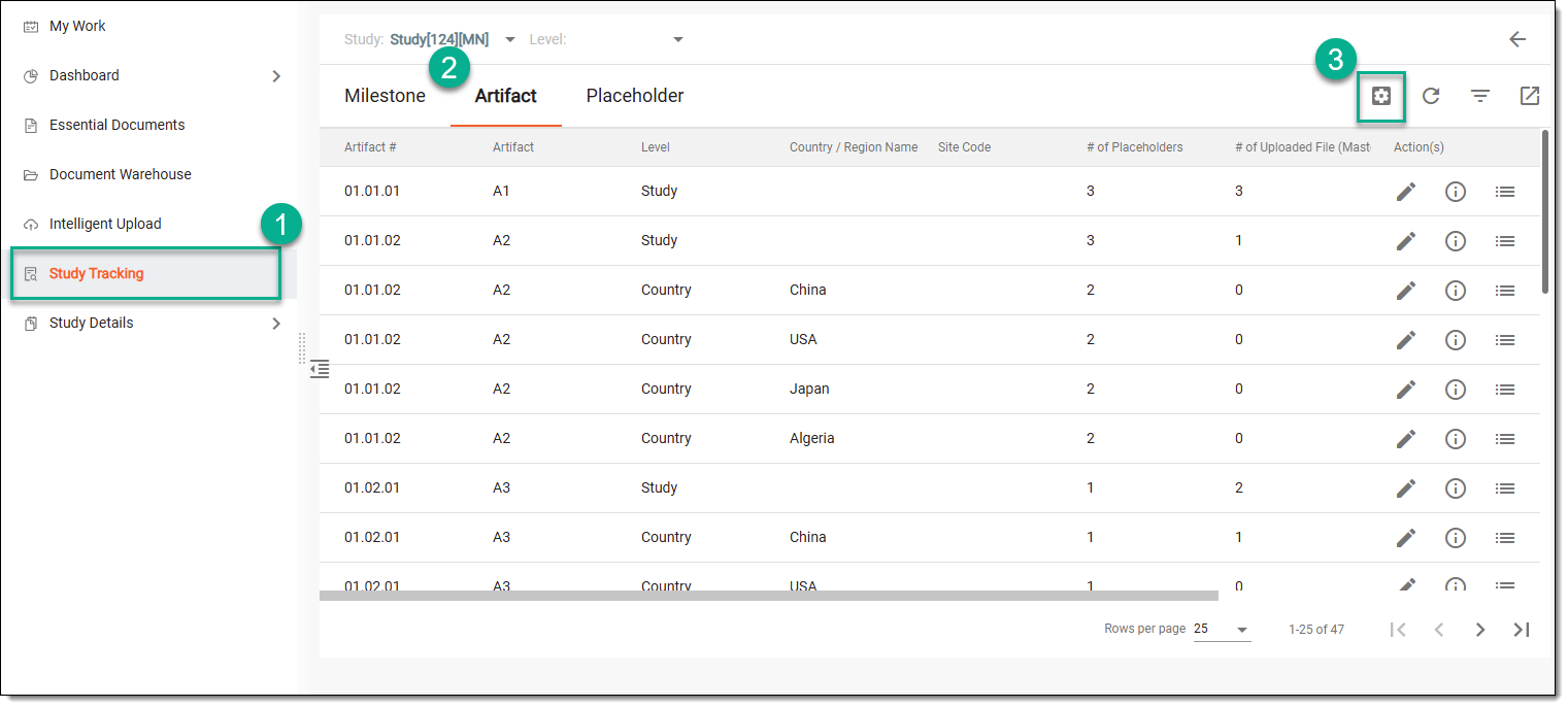 Accessing study tracking and artifact setting