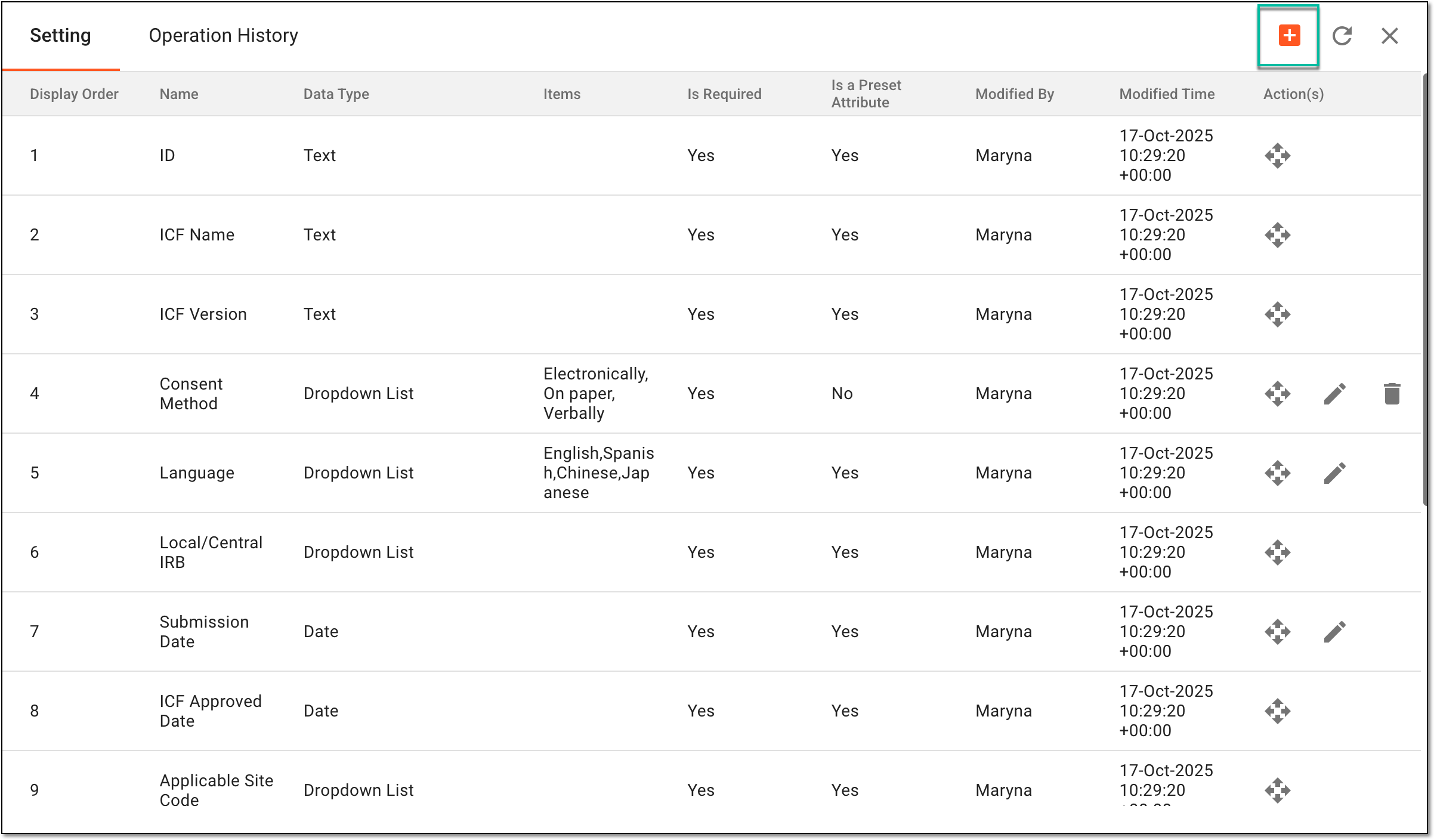 Selecting to add site ICF listing data element