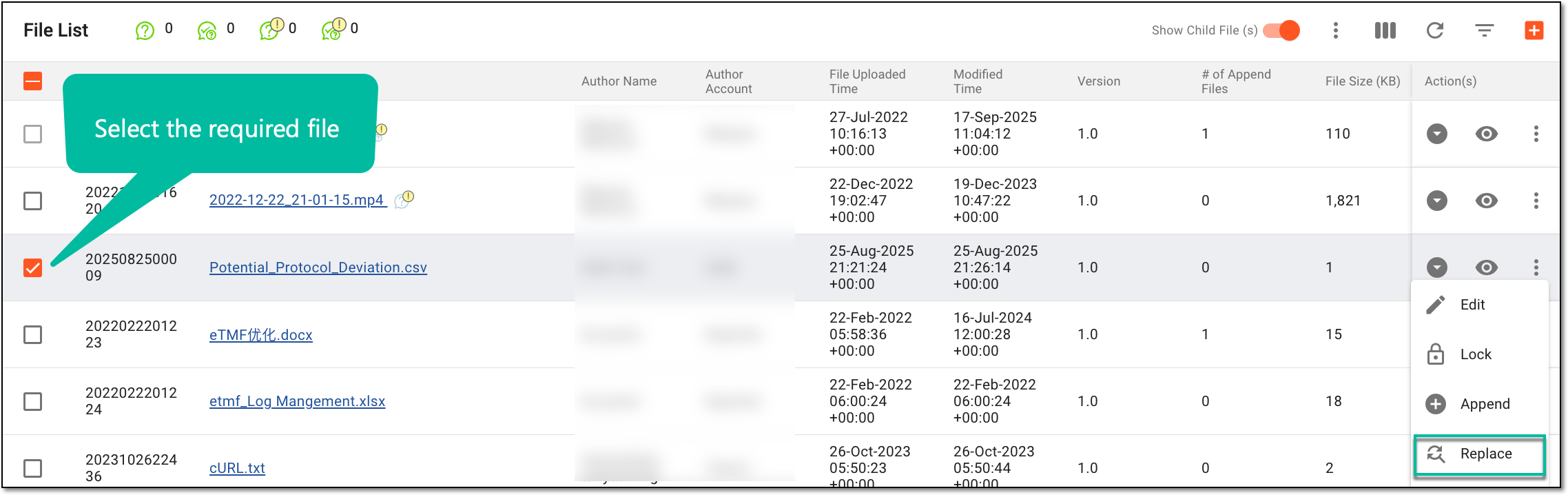 Accessing option to replace file
