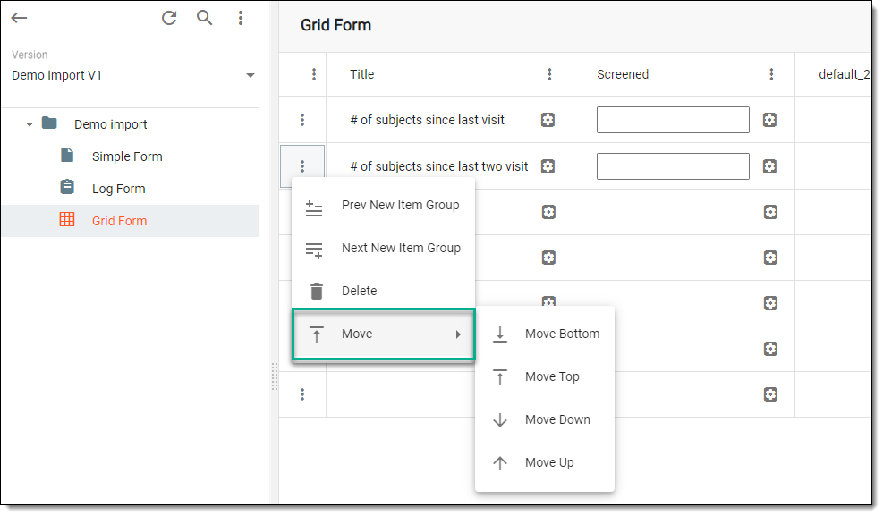 Selecting option to move row