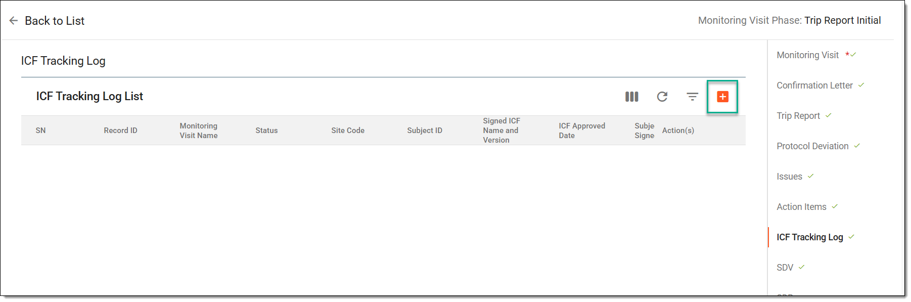 Selecting option to add ICF tracking report