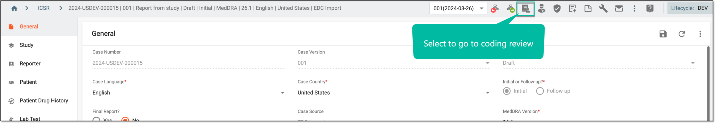 Accessing option for coding review
