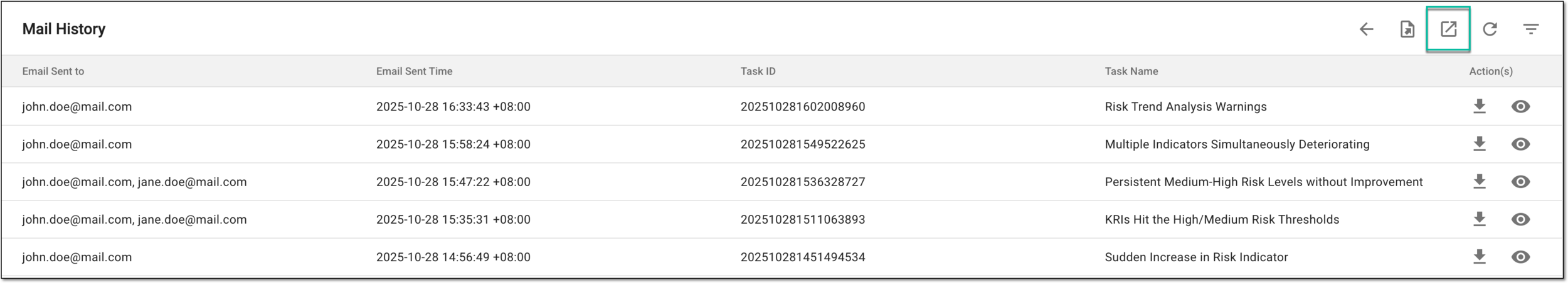 Selecting option to export mail history for KRI alerts