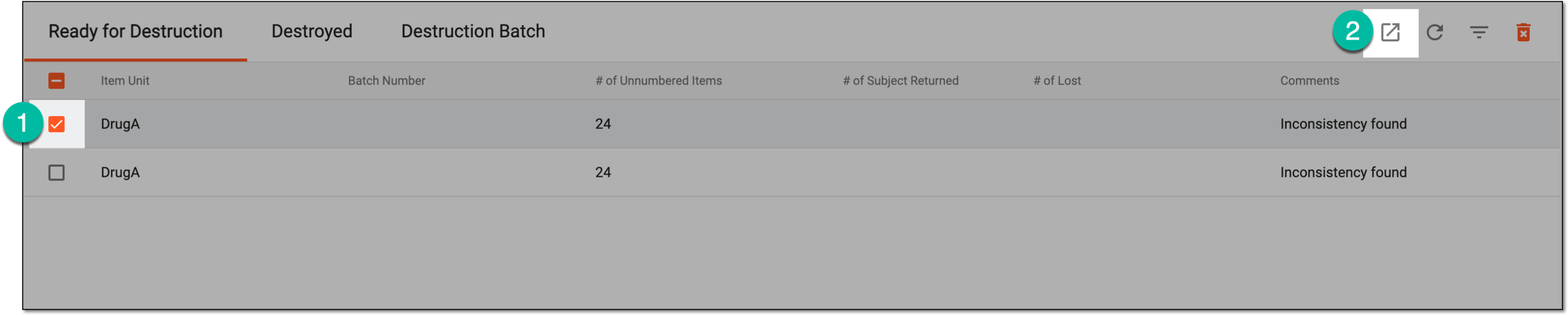 Exporting selective records of ready for destruction items