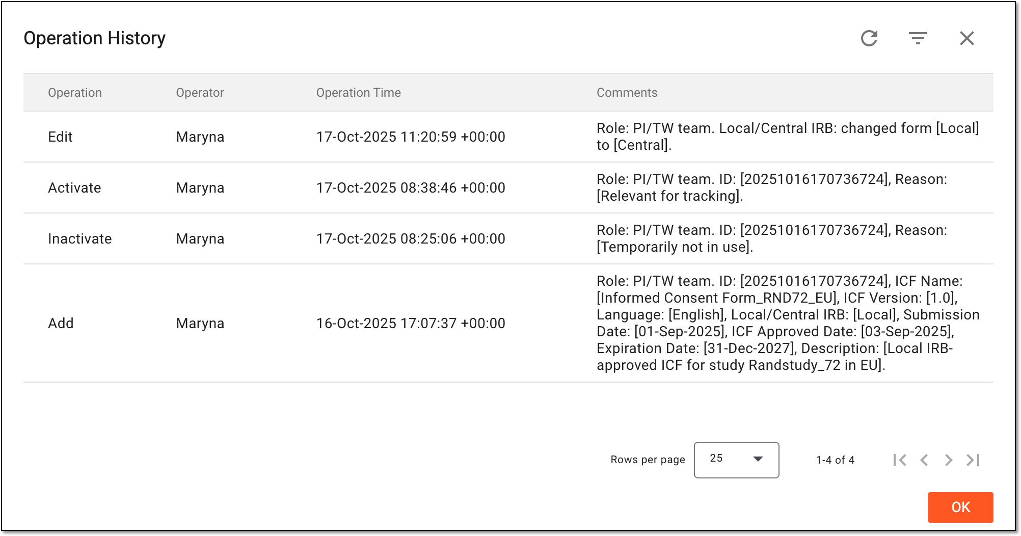 Analyzing operation history for master ICF listing record