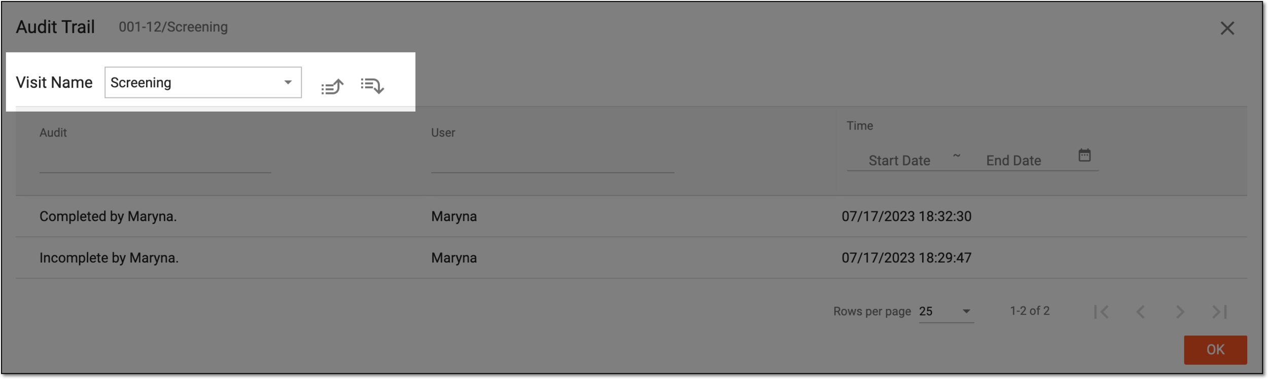 Selecting visit to view audit trail