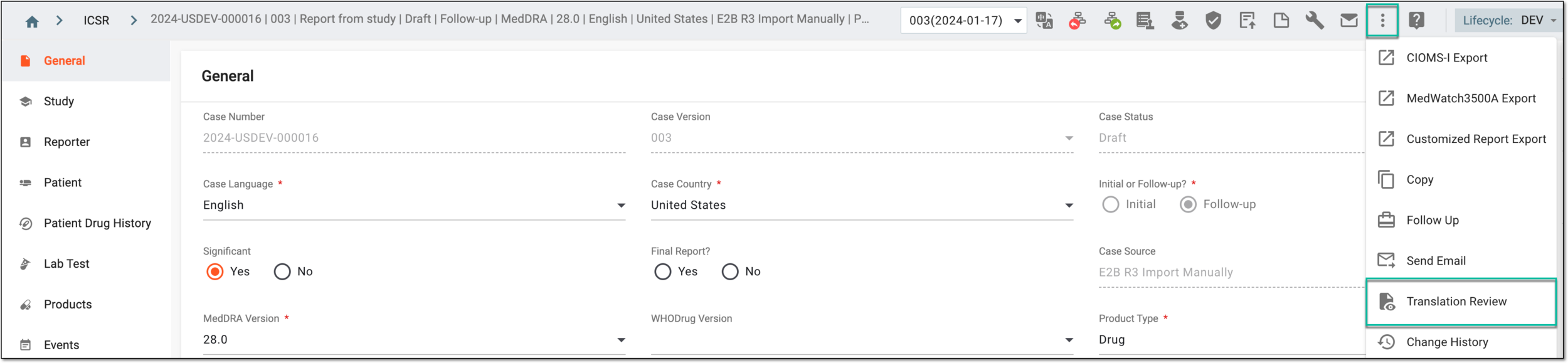 Accessing translation review from ICSR details