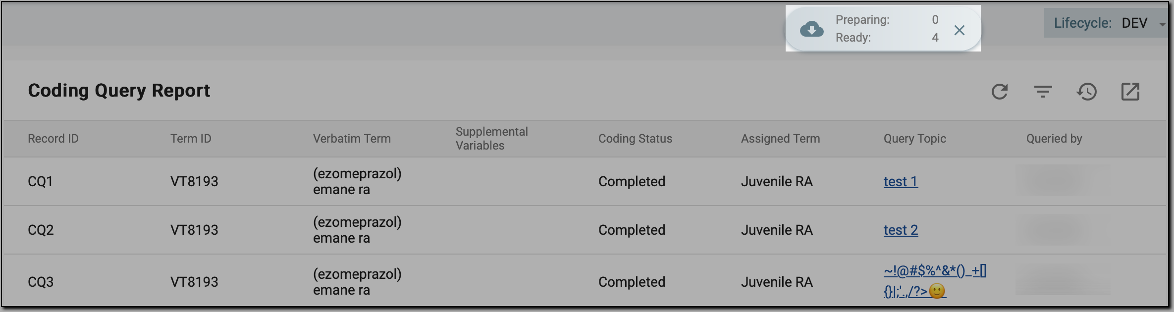 Initiating coding query report downloading