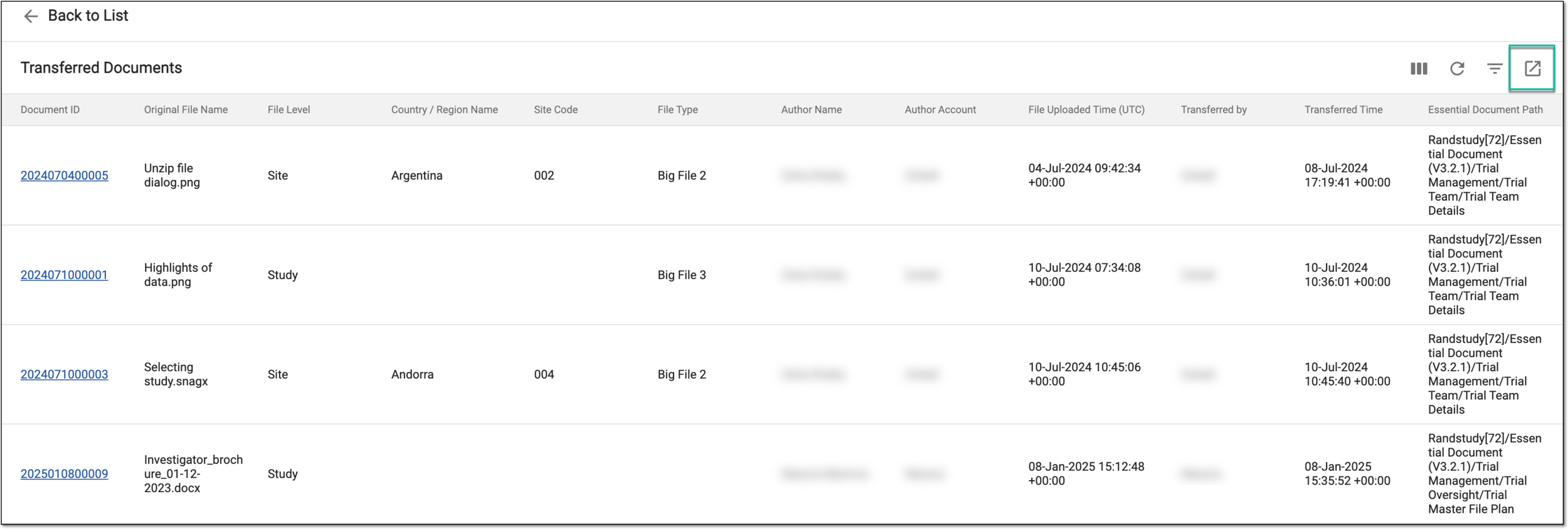 Exporting transferred document details