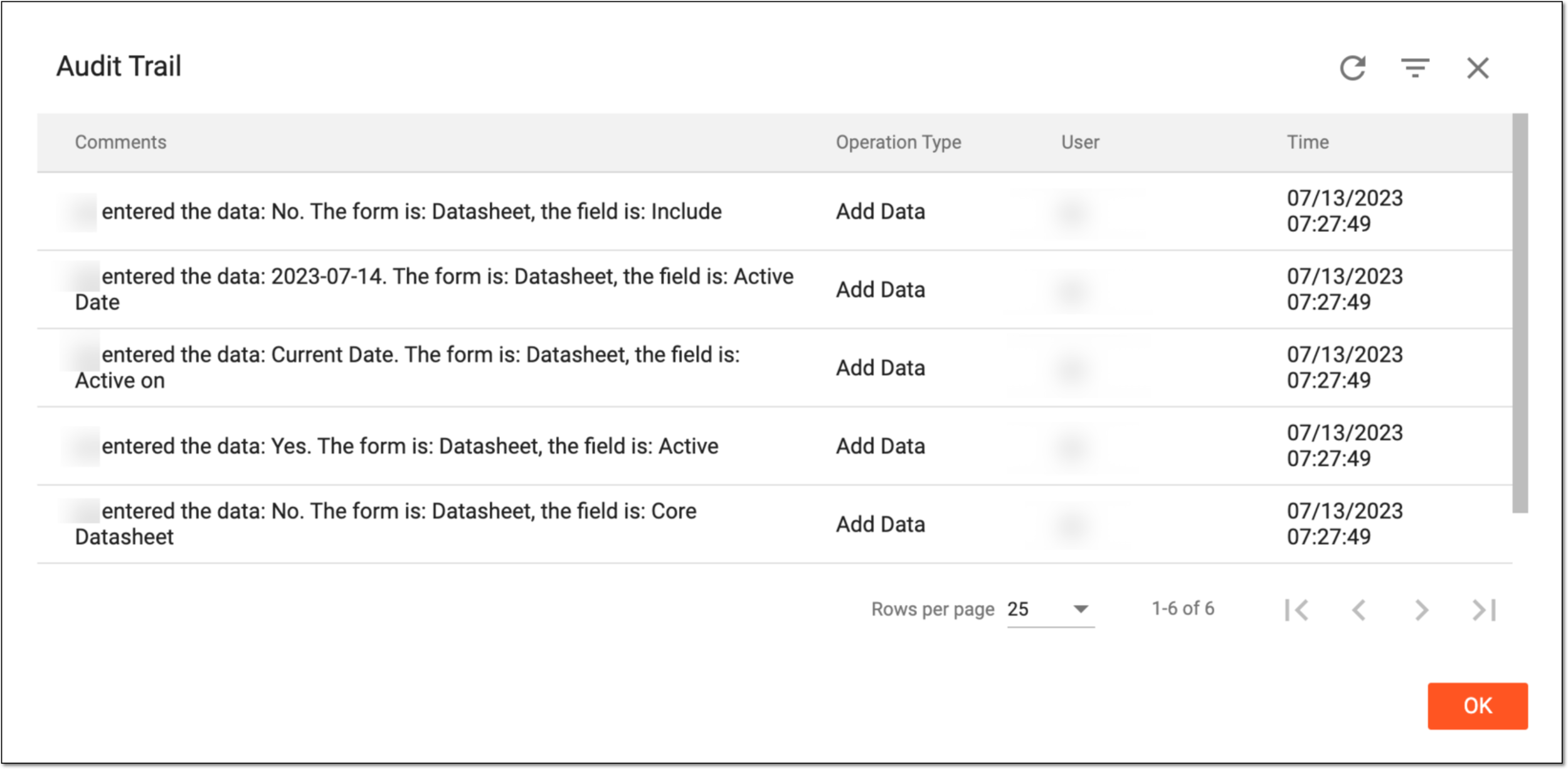 Viewing data sheet audit trail