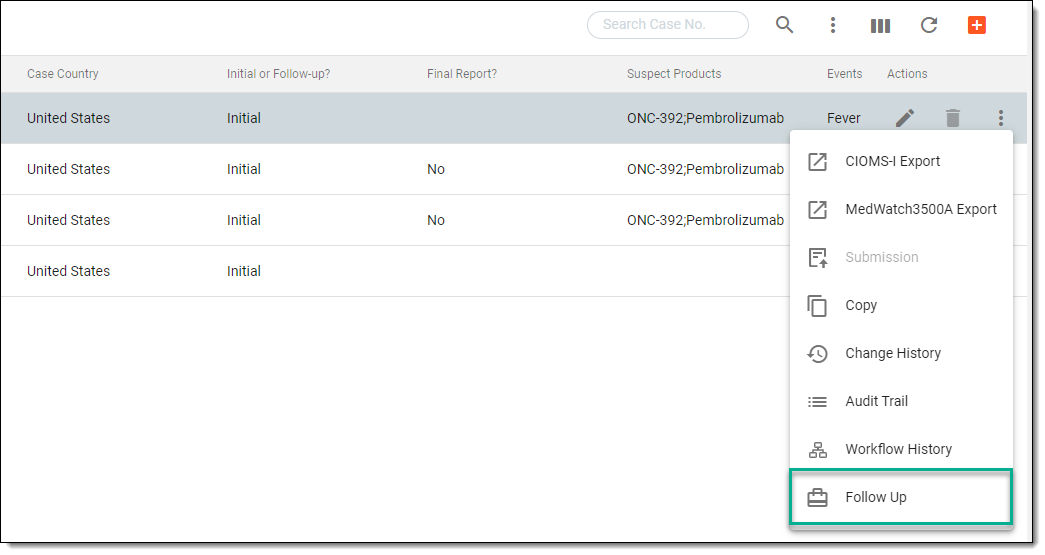 Selecting option to generate follow-up report