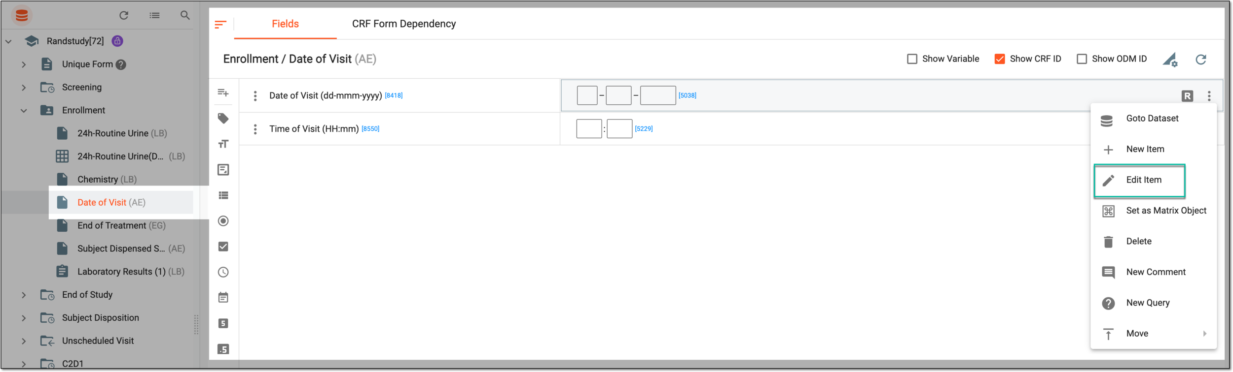 Selecting option to edit item