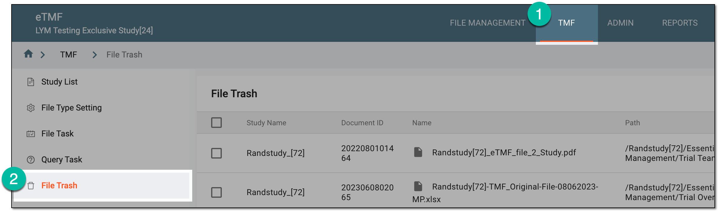 Accessing file trash in TMF