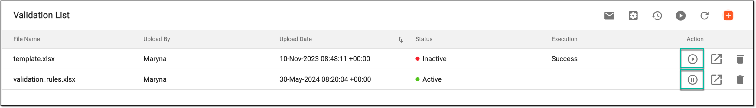 Activating or inactivating validation rules template