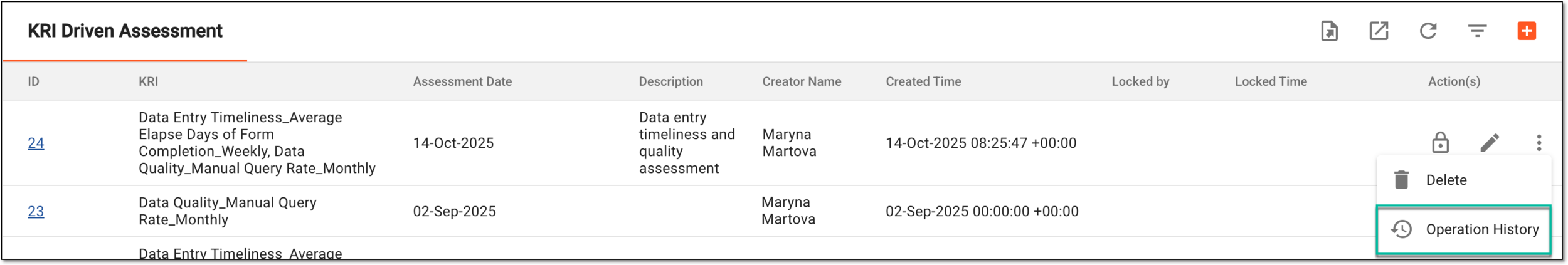 Accessing operation history of KRI-driven assessment