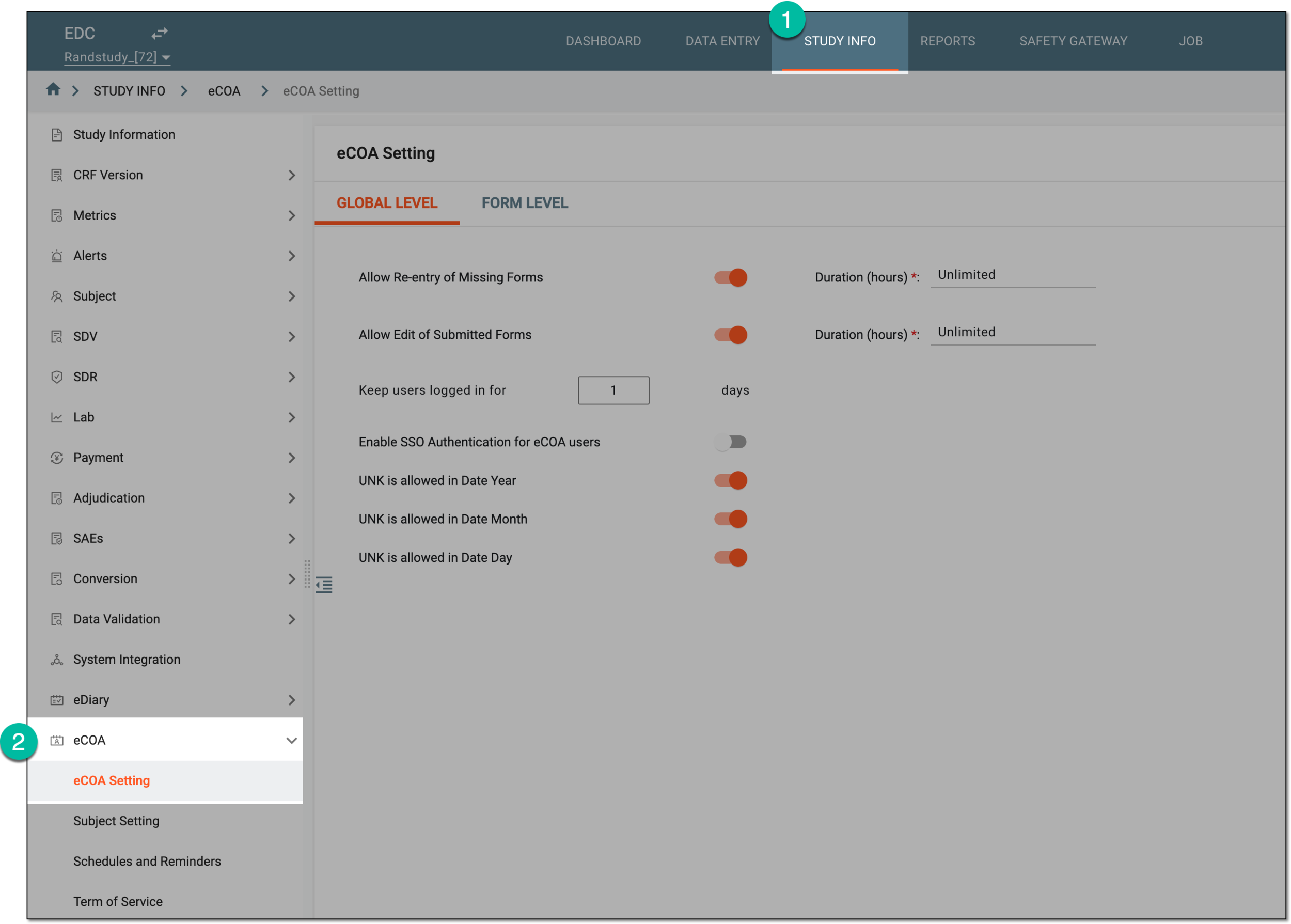 Accessing eCOA settings