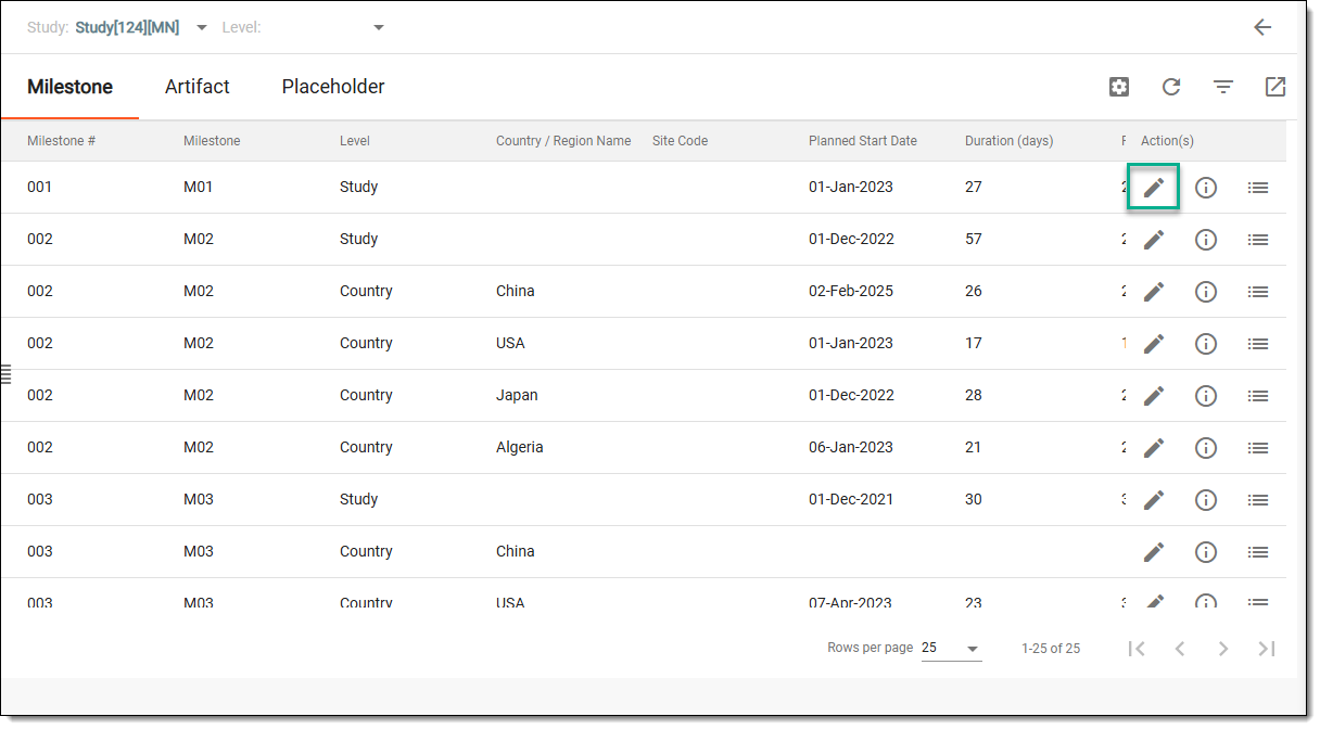 Accessing option to edit milestone