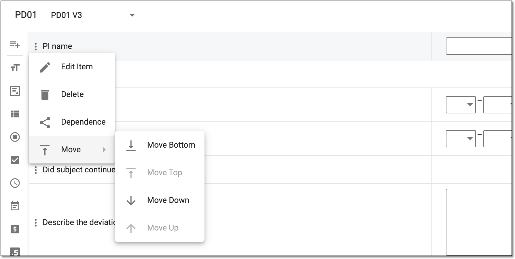 Selecting option to move question