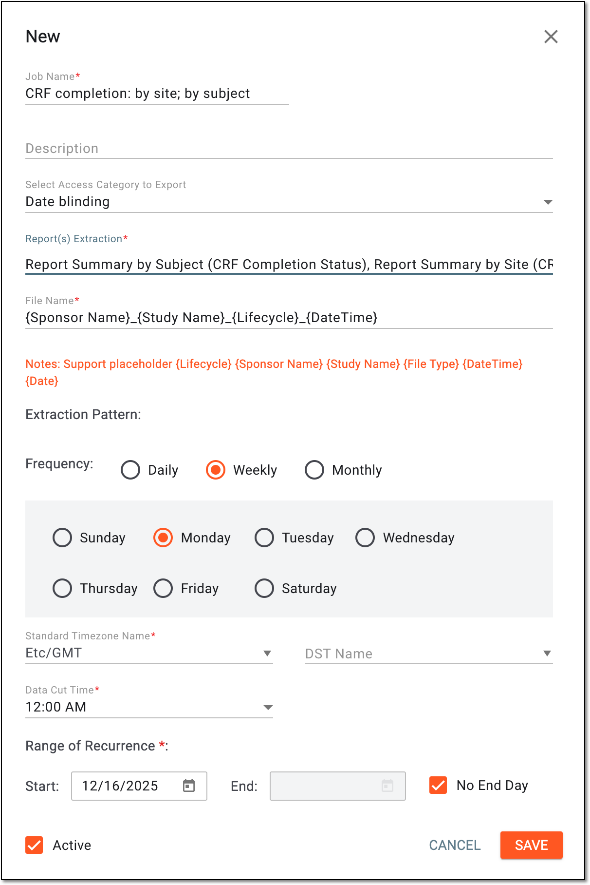 Configuring combination report extraction job
