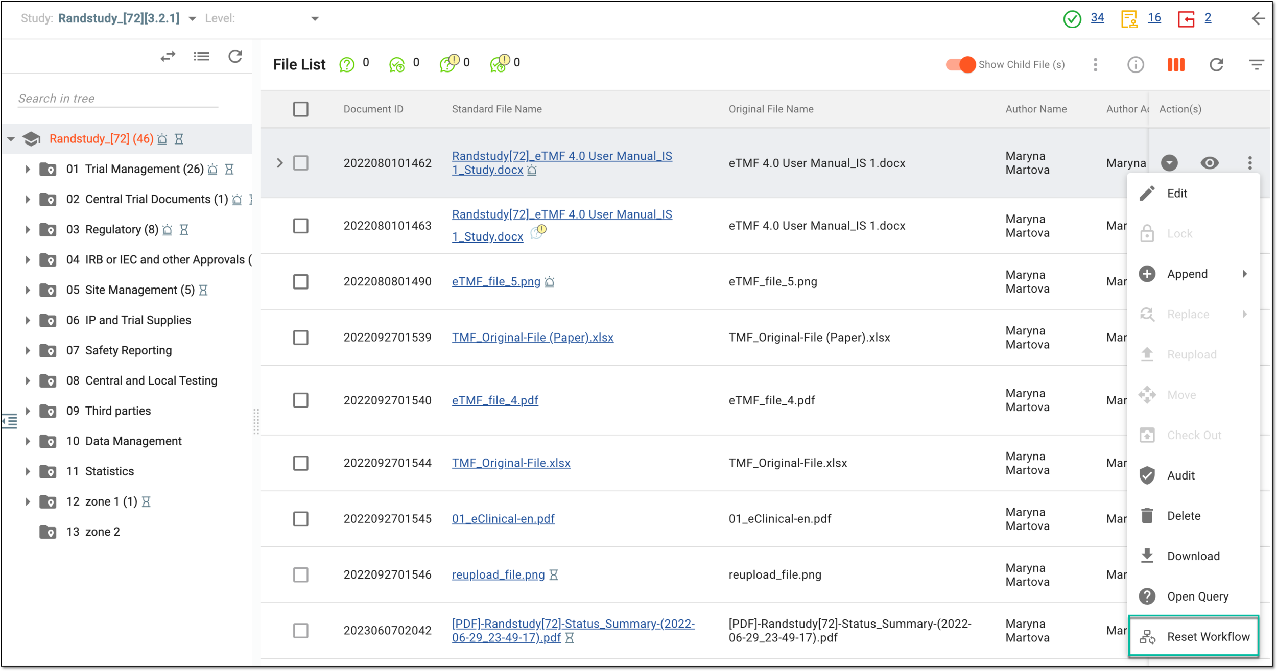 Accessing option to reset file workflow