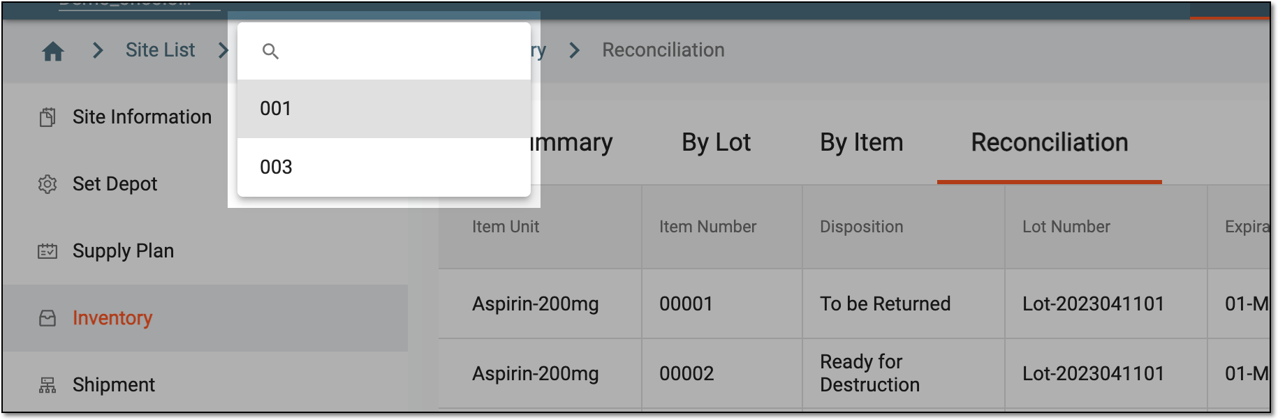 Switching sites from reconciliation page