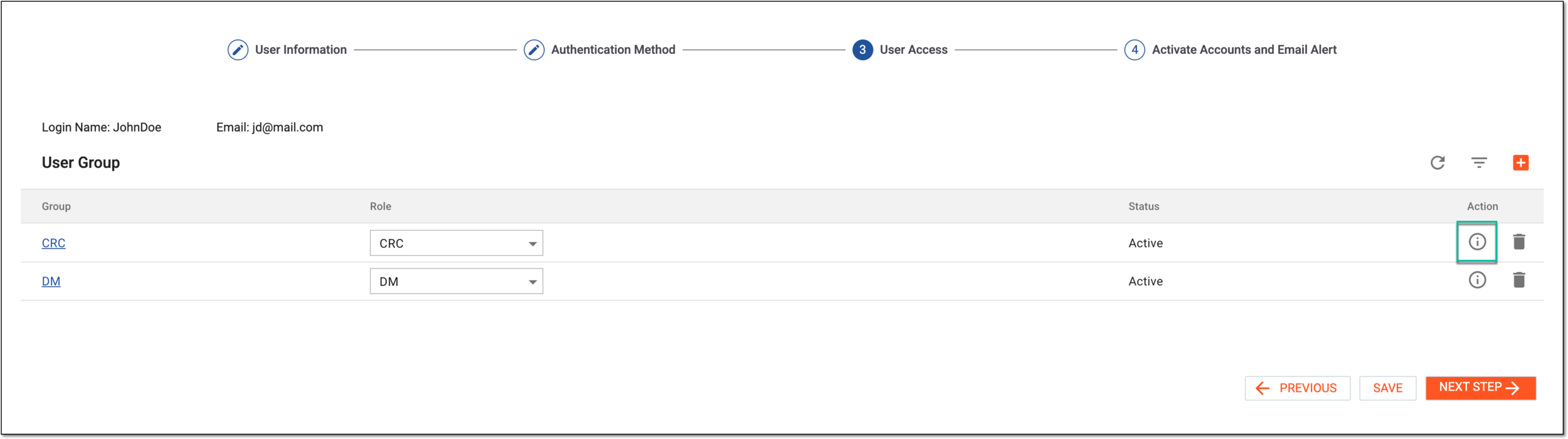 Selecting option to open user group access details