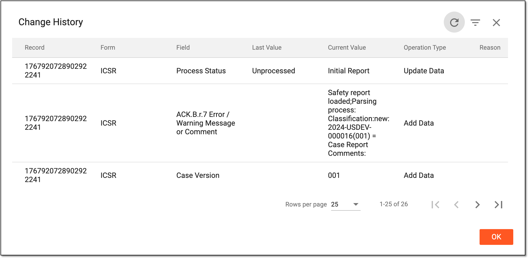 Viewing ICSR change history