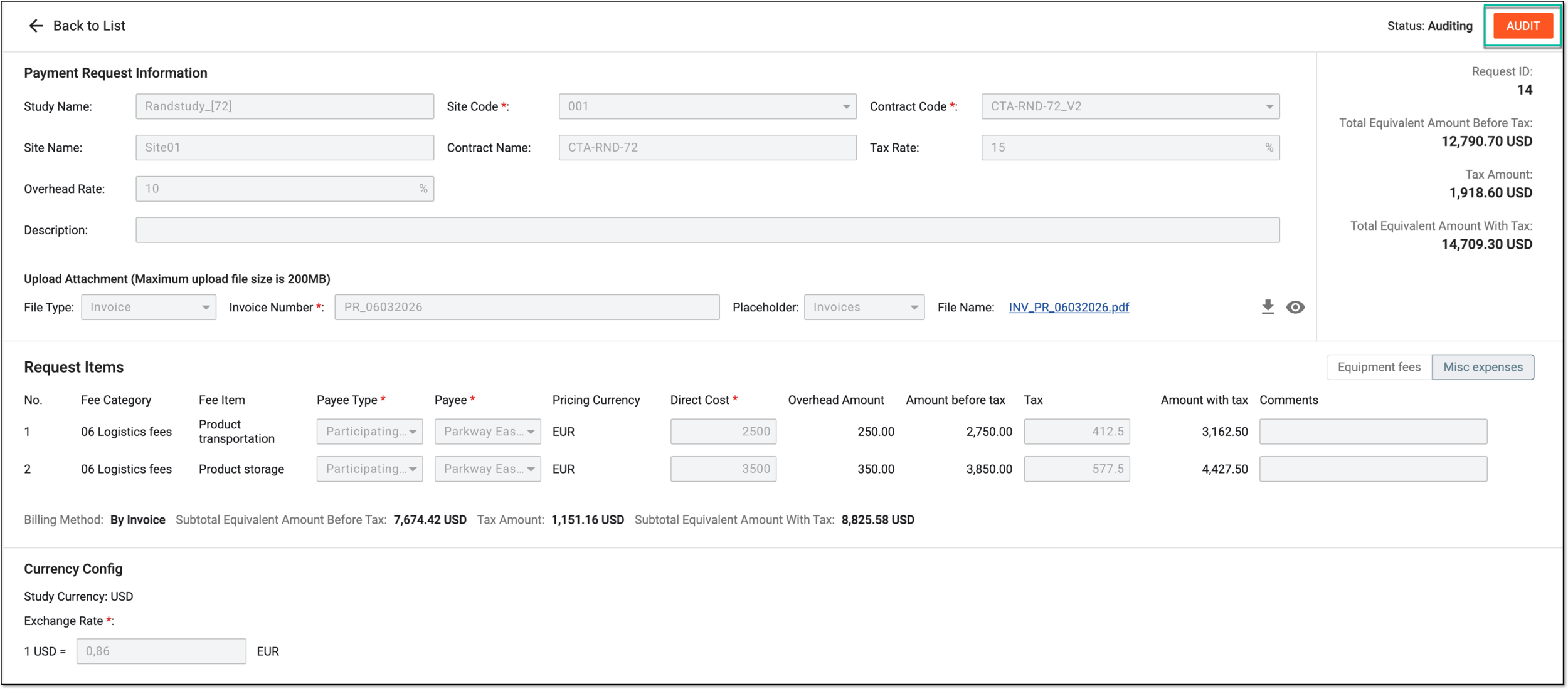 Accessing payment request audit