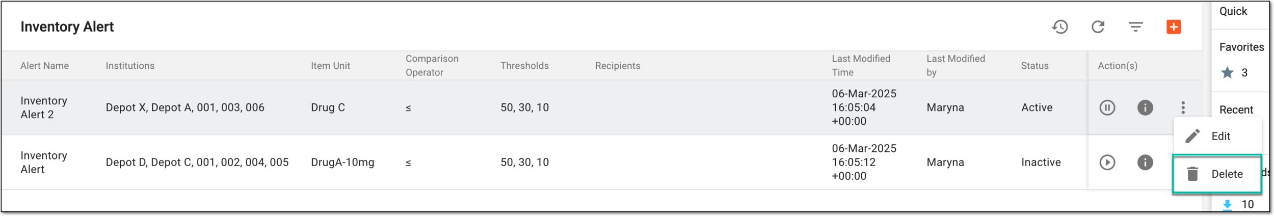 Selecting option to delete inventory alert
