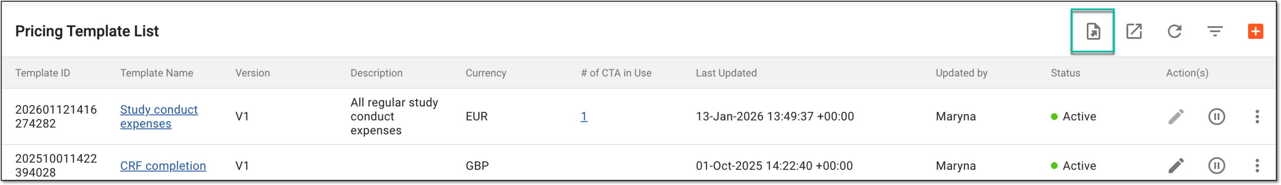 Accessing pricing template export history