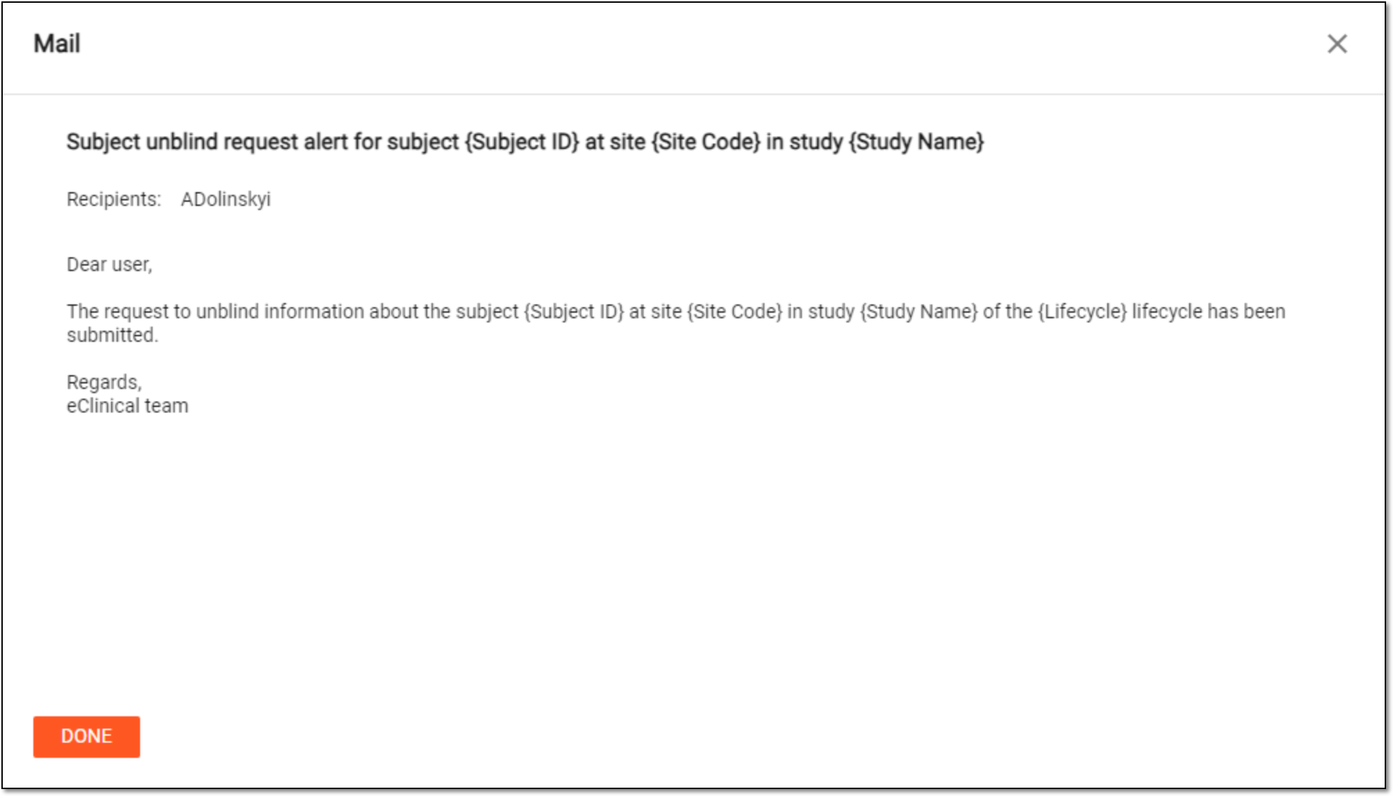 Previewing subject unblind request alert email