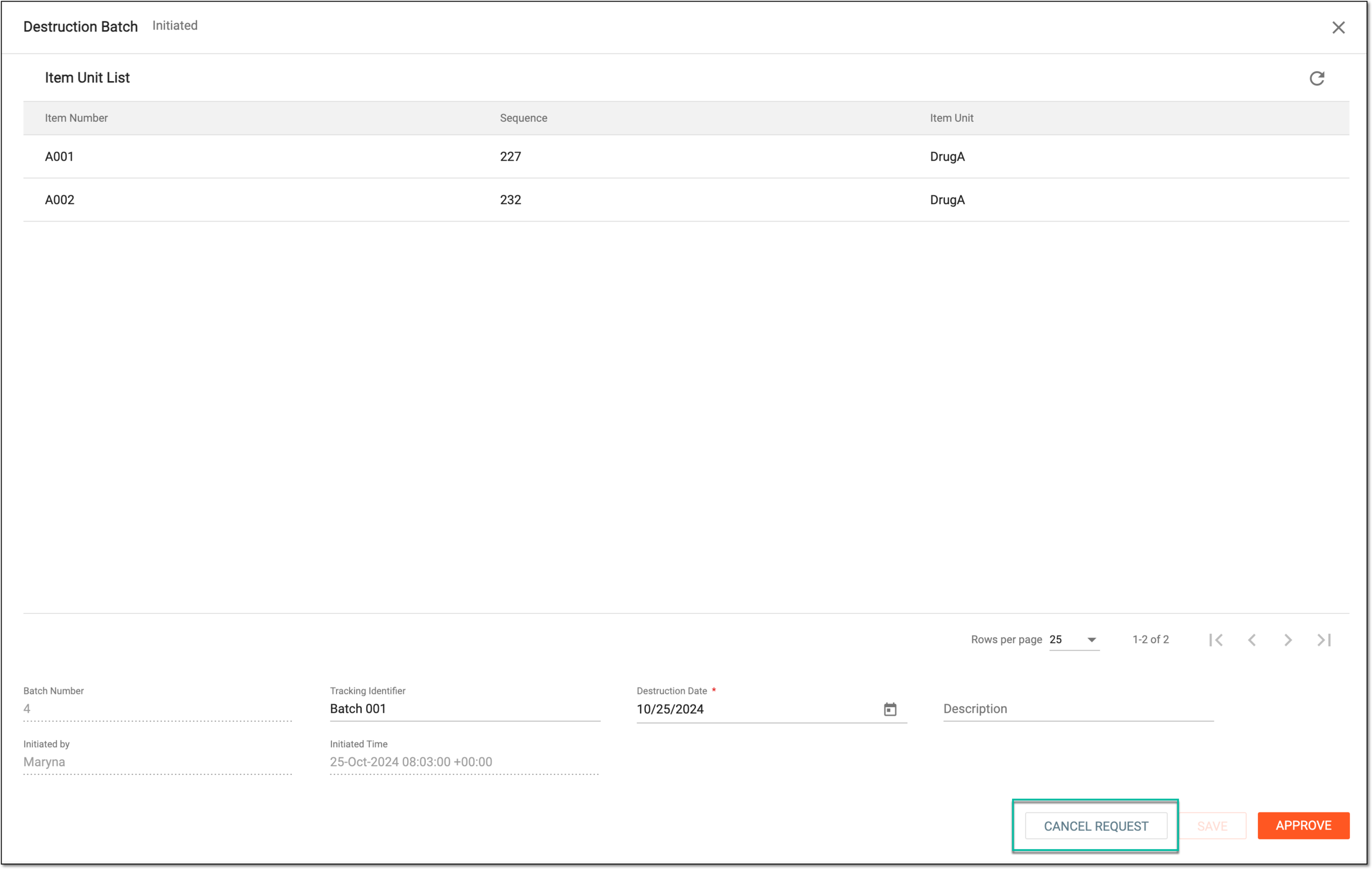Canceling item batch destruction request