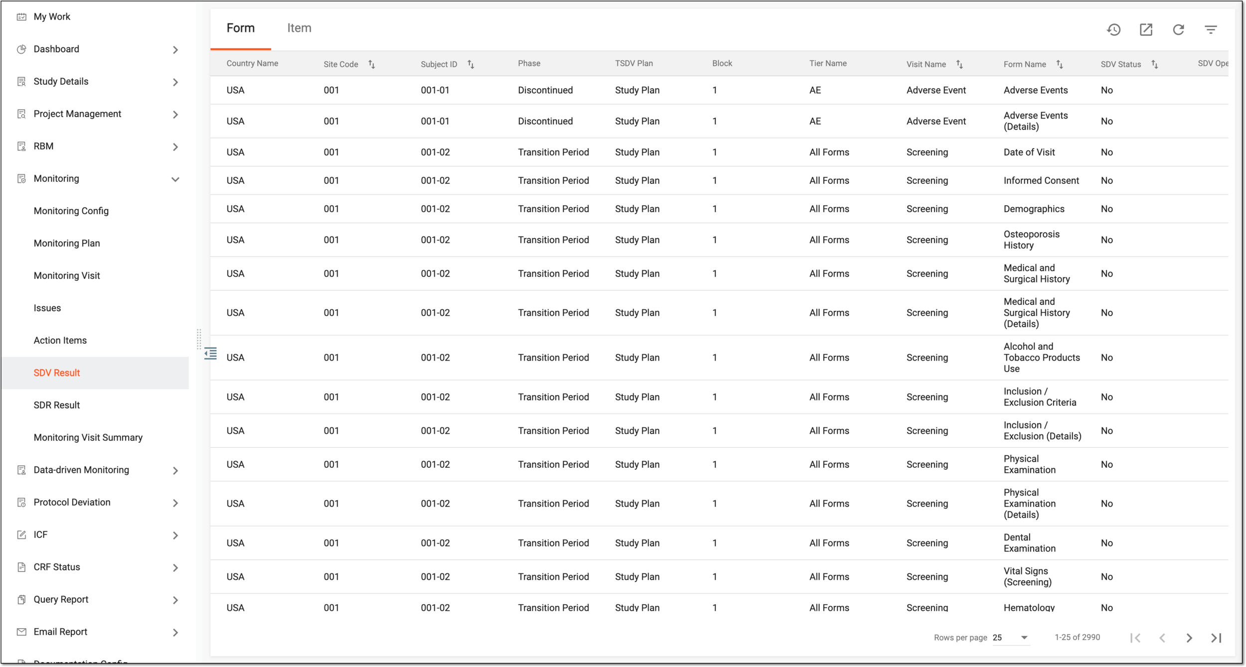 Viewing SDV result records for forms