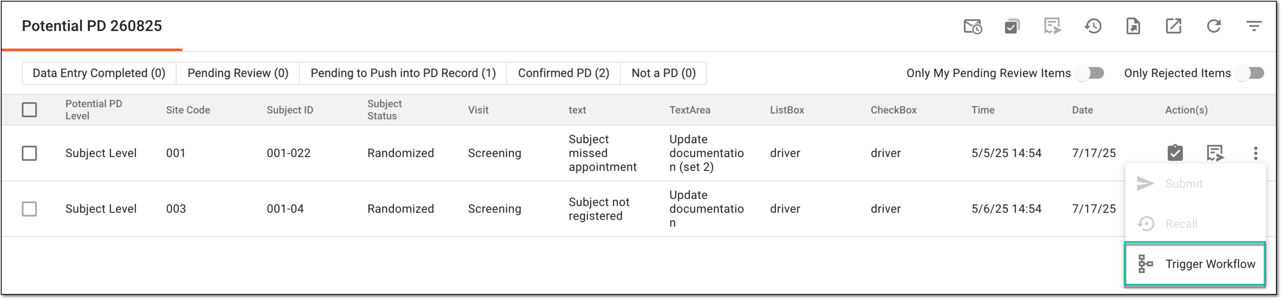 Selecting to trigger workflow for potential PD record