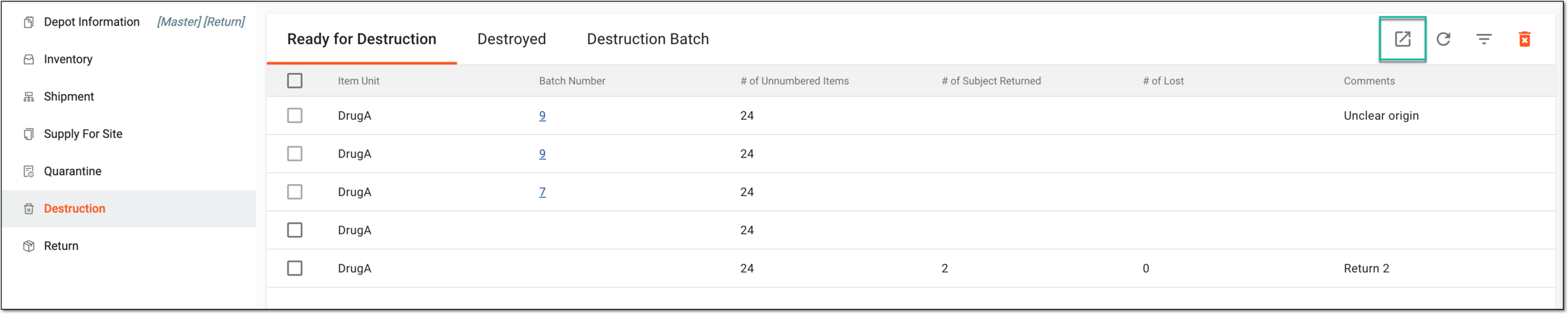 Exporting ready for destruction item data